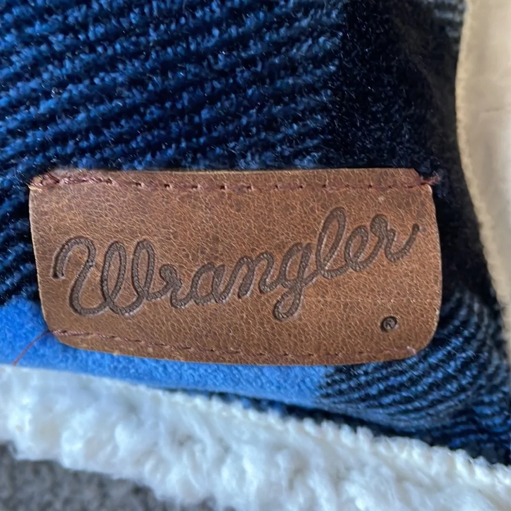 Wrangler Blue Buffalo Plaid Shearling Pillow 18x18”